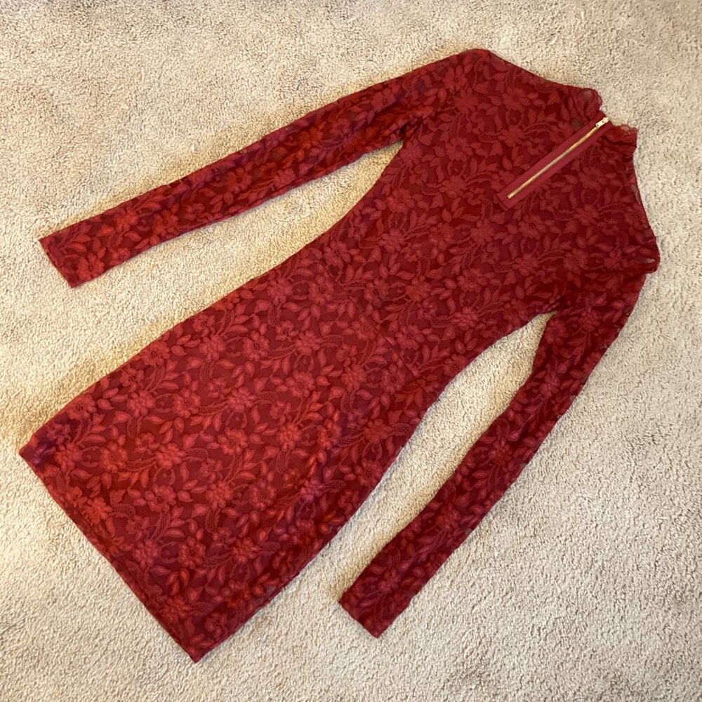 deep red lace long sleeve dress size XS - Picture 4 of 6
